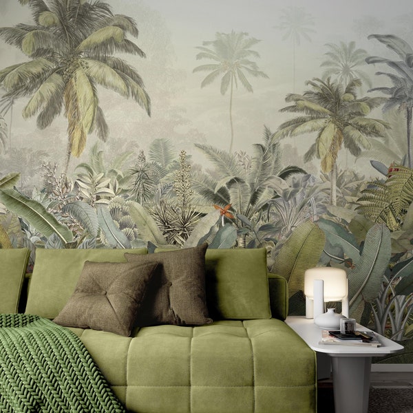 Tropical Jungle Plants Banana Palm Trees Rainforest Floral Background Wallpaper Self Adhesive Peel and Stick Wall Sticker Wall Decoration