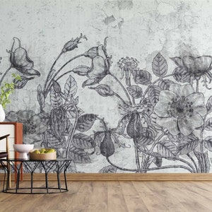 Black White Flowers Wallpaper Abstract Vintage Wall Decor Peel and Stick