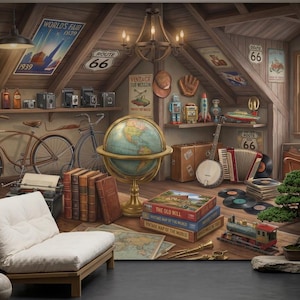 May include: A detailed illustration of a vintage-themed room. The room features a futon, globe, books, and a bonsai tree. The background includes a Route 66 sign, vintage toys, and a bicycle. The room has a skylight and a wooden ceiling.