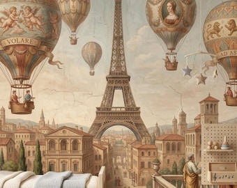 Vintage Landscape Mural Wallpaper Hot Air Balloons Removable Peel And Stick Eiffel Tower Wall Decor