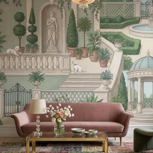 May include: A living room scene featuring a mural of a classical garden with a fountain, statues, and potted plants. A pink sofa, gold coffee table, and patterned rug are in front of the mural. A green chair and a crystal chandelier complete the decor.
