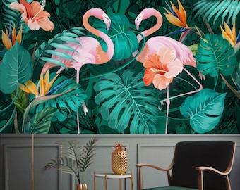 Flamingo Wallpaper Egzotic Plants Peel and Stick Wall Mural Home Wall Decor
