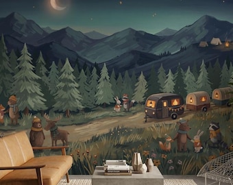 Papel pintado de cielo nocturno con paisaje de montaña, removible y autoadhesivo para decoración de pared de camping.
