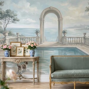 Coastal Landscape Wallpaper Mediterranean Terrace Removable Peel And Stick Classical Arch Wall Decor