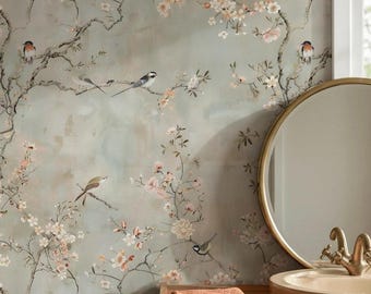 Körsbärsblomstapet Chinoiserie Fåglar och blommor, mjuk pastellbakgrund, elegant botanisk väggmålning