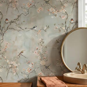 Cherry Blossom Wallpaper Chinoiserie Birds and Flowers, Soft Pastel Background, Elegant Botanical Wall Mural
