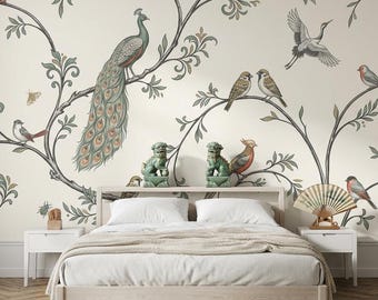Gedämpfte grüne Tapete Vintage Vögel entfernbares schälen und Stock-botanisches Wand-Dekor