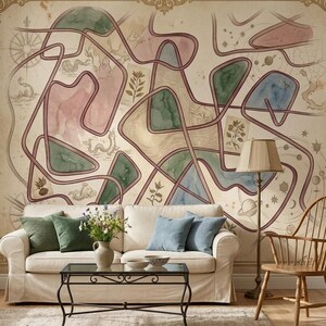 May include: A living room featuring a large, abstract mural in muted tones of pink, green, and blue. The mural has a map-like design with swirling lines and botanical elements. A cream-colored sofa with green and blue pillows sits in front of the mural.