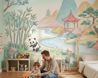 Carta da parati con paesaggio asiatico e panda, rimovibile e adesiva, decorazione murale ad acquerello
