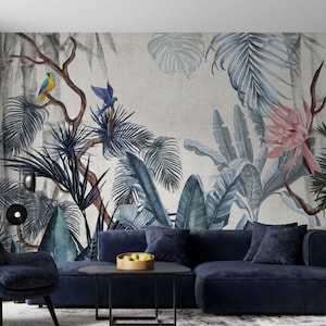 Blue Tropical Peel And Stick Wallpaper | Exotic Parrot Birds Removable Wall Mural