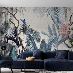 Blue Tropical Peel And Stick Wallpaper | Exotic Parrot Birds Removable Wall Mural