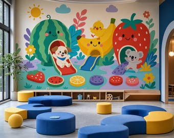 Fruit speeltuin behang in Scandinavische stijl voor kinderkamerdecoratie