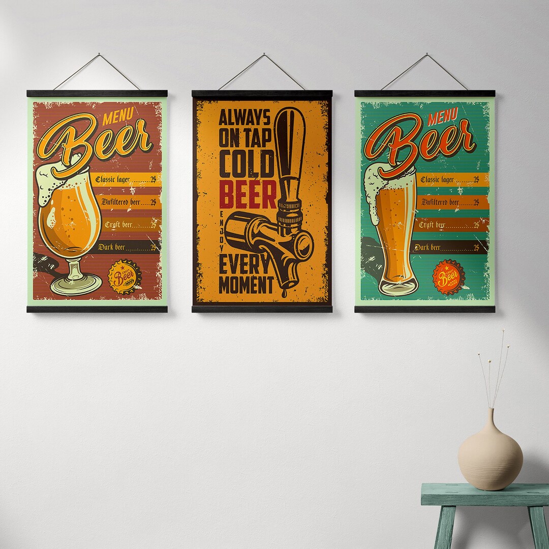 Alcohol Battle Frame Beer Drink Bar Alcohol Wall Art 3 Set Hanging Poster With Wood Frames ...