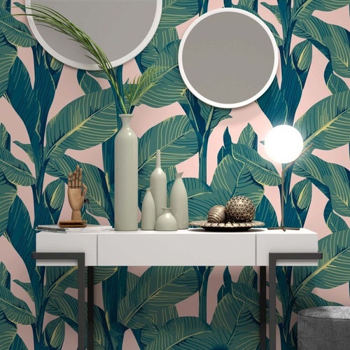 Banana Tree Leaf Pattern on Bright Pink Wallpaper / Plants Wallpaper/  Leaf Wallpaper / Floral Wallpaper /  Wallpaper