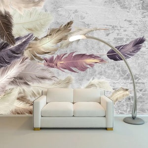 Carta da parati con piume di uccello, vintage, stacca e attacca, sfondo grunge, arte murale, decorazione murale grigia