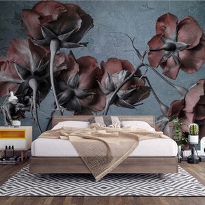 Realistic Floral Wallpaper / Red Rose Wall Murals / Dark Peel and Stick Wallpaper