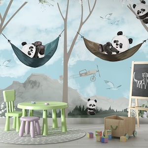 Söta glada pandaungar tapeter / Panda tapeter / Blåvit himmel tapeter / Självhäftande tapeter / Väggdekoration bild 2