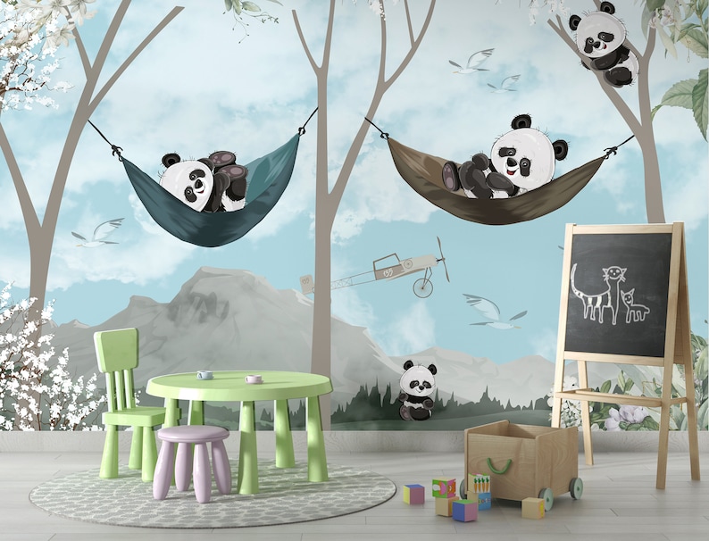Söta glada pandaungar tapeter / Panda tapeter / Blåvit himmel tapeter / Självhäftande tapeter / Väggdekoration bild 2