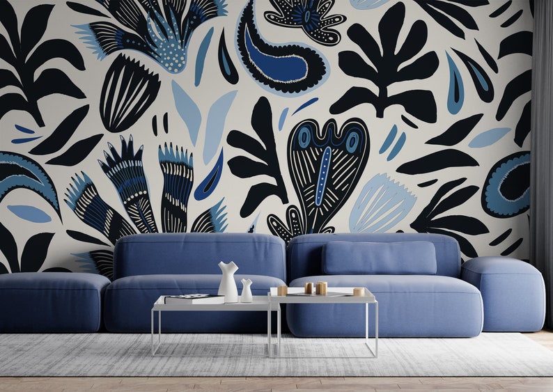 Abstract Wallpaper Blue Peel and Stick Retro Leaves Wall Mural - Etsy