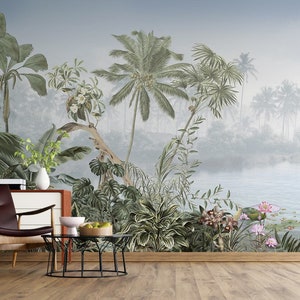 May include: A tropical jungle scene with lush green foliage, palm trees, and a lake in the background. The scene is painted in a watercolor style with a soft, dreamy feel.