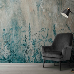 Field flowers Grunge painting Peel and Stick Wallpaper / Vintage Flowers  Wallpaper / Floral Wall Mural / Removable