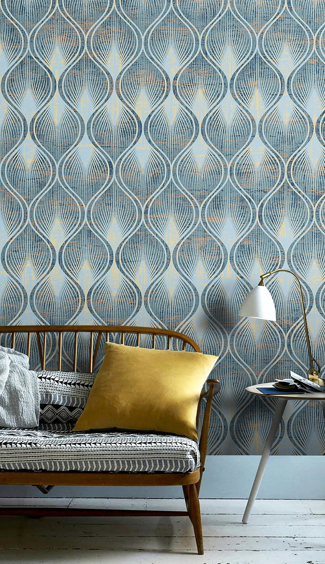 Geometric Tile Wallpaper Retro Blue Peel and Stick Art Deco Wall Mural ...
