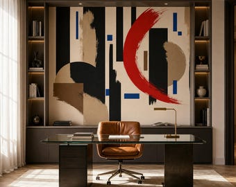 Abstracte muurschildering met rode penseelstreken voor een moderne woonkamer