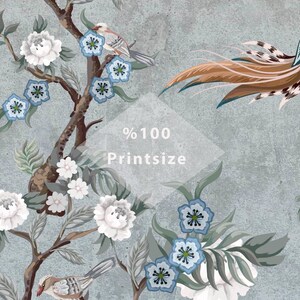 May include: A digital print featuring a blue and white floral pattern with birds and a text overlay that says "100% Printsize".