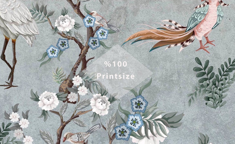 May include: A digital print featuring a blue and white floral pattern with birds and a text overlay that says "100% Printsize".