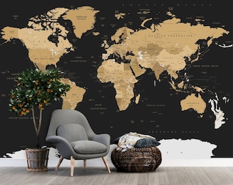 World Map Wallpaper / Cream Color Wallpaper / Dark Wallpaper /  Peel & Stick / Wallpaper / Wall Decoration / Removable Wallpaper