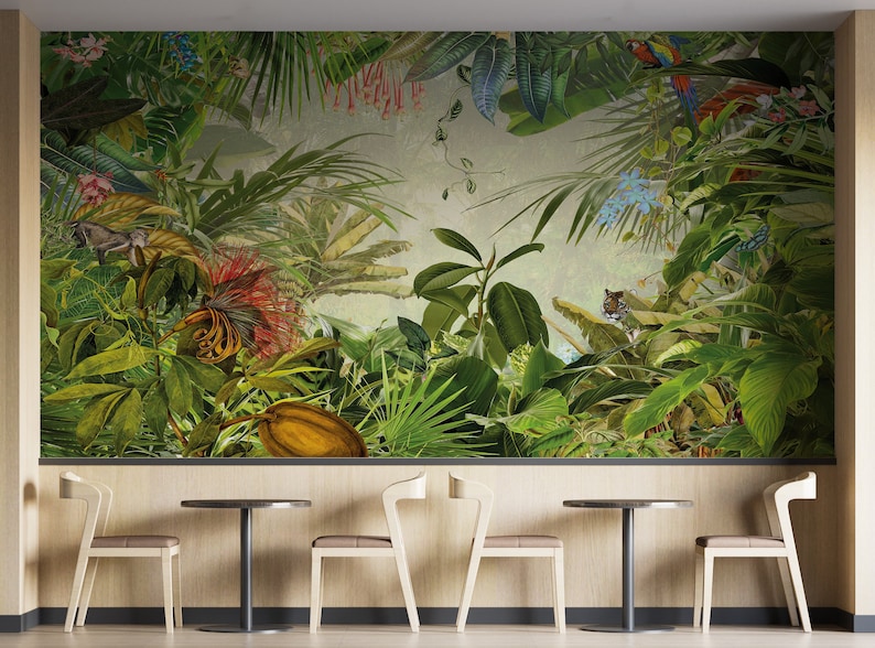 Tropical Jungle Plants and Leaves Leopard Bird Rainforest Floral Wallpaper Self Adhesive Peel & Stick Wall Sticker Wall Decoration Removable image 3