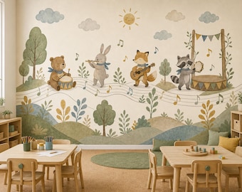 Carta da parati a tema bosco con animali musicali per la cameretta dei bambini.