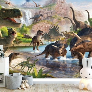 Prähistorische Dinosaurier Grünpflanzen Tapete Wasserfall Tapete Selbstklebende Tapete