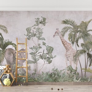 Carta da parati con foresta pluviale, fauna selvatica, stacca e attacca, decorazione da parete per la stanza dei bambini