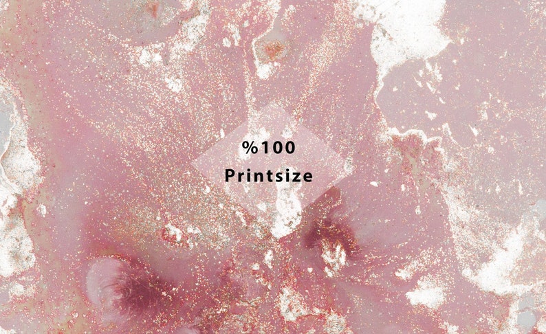 May include: Abstract pink and white background with gold glitter. The text "%100 Printsize" is in a white diamond shape.