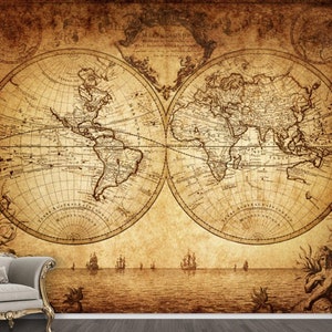 Old Style World Map Wallpaper / Vintage World Map Wallpaper / Brown Wallpaper / Adhesive Wallpaper / Peel and Stick Wallpaper / Removable