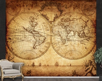 Old Style World Map Wallpaper / Vintage World Map Wallpaper / Brown Wallpaper / Adhesive Wallpaper / Peel and Stick Wallpaper / Removable
