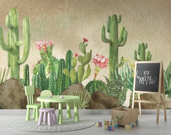 Carta da parati Desert Cacti / Carta da parati verde / Carta da parati acquerello / Carta da parati adesiva / Carta da parati staccabile e adesiva / Carta da parati rimovibile