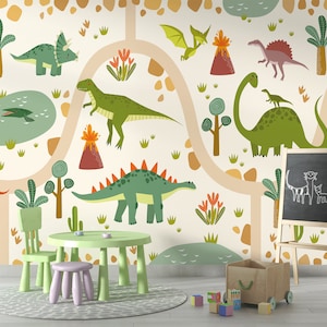 Carta da parati per la sala giochi dei bambini, simpatico dinosauro, decorazione murale da staccare e attaccare