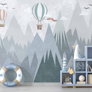 Carta da parati Triangle Mountains / Carta da parati Air Balloons / Carta da parati Blue Gray / Carta da parati adesiva / Decorazione da parete / Carta da parati rimovibile