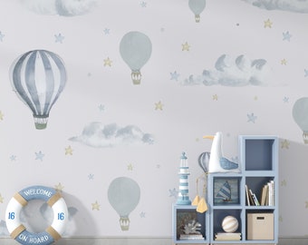 Hand Drawing Wallpaper / Air Balloons in the Sky Wallpaper / Rain Clouds Stars Wallpaper / Adhesive Wallpaper / Peel and Stick Wallpaper