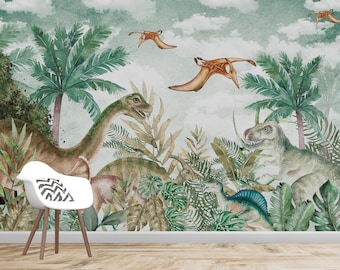 Dino Wallpaper / Watercolor Wallpaper / Animal Wallpaper / Wild Plants Wallpaper / Adhesive Wallpaper / Peel and Stick Wallpaper / Removable