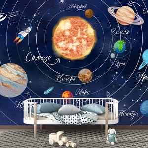 The Solar System Planets in Russian Wallpaper / Funny Wallpaper / Kids Room Nursery Wallpaper /  Peel & Stick Wallpaper / Removable