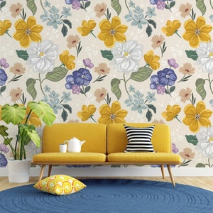 Gelb weiße Blumen Tapete im Vintage-Stil zum Schälen und Aufkleben