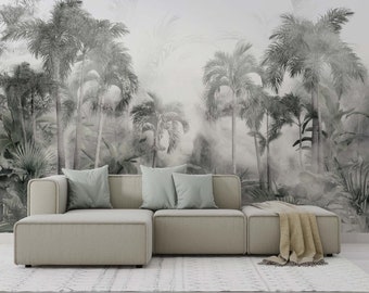 Misty Jungle Wallpaper / Vintage Wallpaper / Tropical Jungle Wallpaper / Nature Wallpaper / Adhesive Wallpaper / Peel & Stick Wallpaper