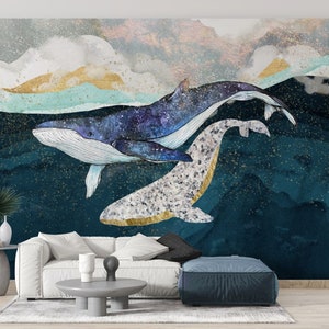 Whales in the Ocean Wallpaper / Animal Wallpaper / Art Design Wallpaper /  Peel & Stick Wallpaper /Removable Wallpaper