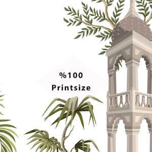 May include: A digital illustration of a white egret standing in a lush green garden with a stone tower and palm trees. The text "%100 Printsize" is in the center of the image.