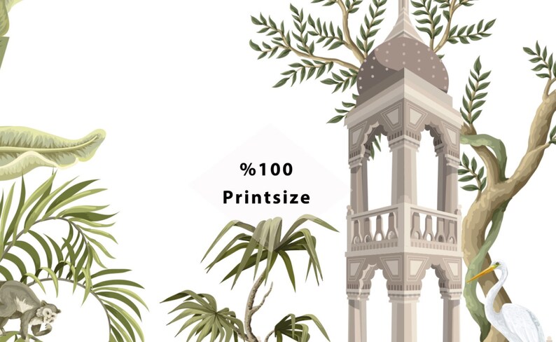May include: A digital illustration of a white egret standing in a lush green garden with a stone tower and palm trees. The text "%100 Printsize" is in the center of the image.