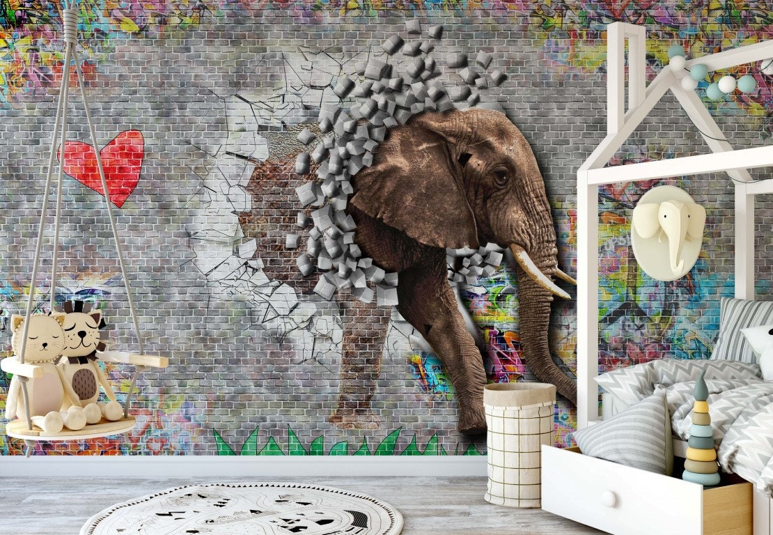 Graffiti Elephant Wallpaper Brick Wall Background Peel and Stick Wall Mural  3D Looking Wall Decor 