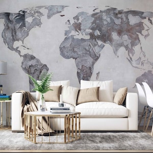 Old Style World Map Wallpaper / Gray Concrete Wall Wallpeper / Adhesive Wallpaper / Peel and Stick Wallpaper / Removable Wallpaper